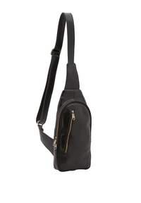 Borsa a tracolla nera in pelle con tasca anteriore con zip, manico regolabile e texture liscia. Forma curva con cerniere in oro.