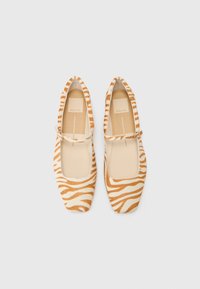 Orange and cream zebra print ballet flats with a square toe, textured fabric, and a narrow strap across the instep.