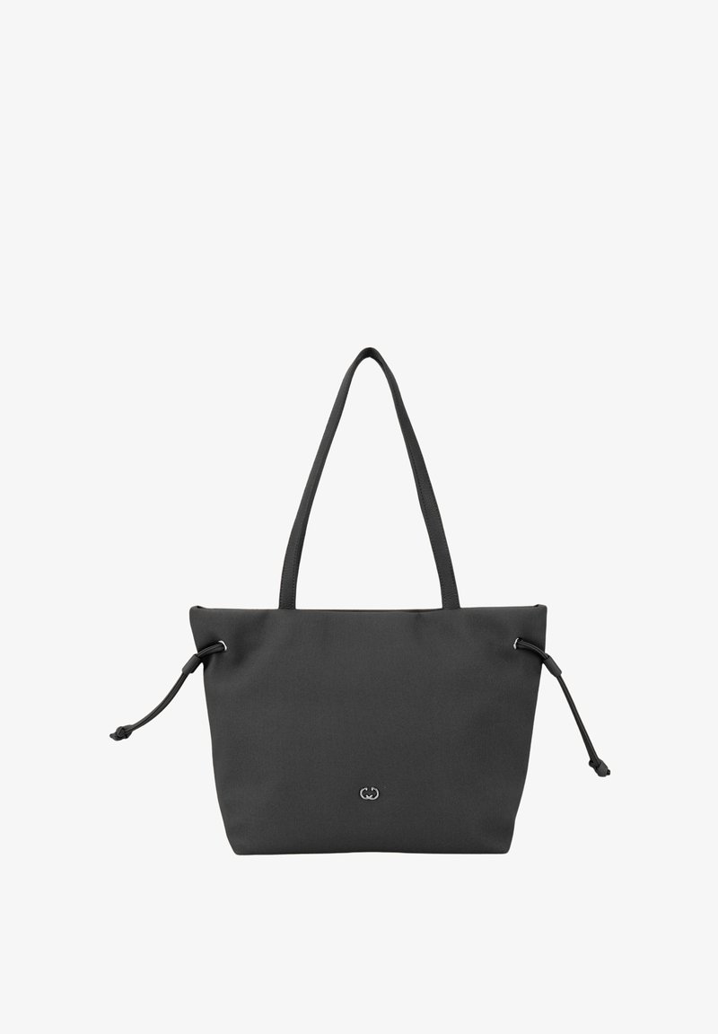 Schwarze Tote-Tasche aus weichem Stoff mit verstellbaren Kordeln und doppelten Griffen. Sie verfügt über ein minimalistisches Design und ein dezentes Logo-Detail.