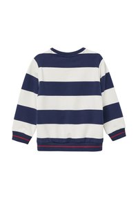 Felpa a righe blu navy e bianche con maniche lunghe, collo rotondo e polsini e orlo a coste, con un accento rosso. Materiale in cotone.