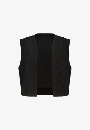 Gilet sans manches noir en tissu texturé, avec un design à l'avant ouvert et un ourlet droit. Présente un motif subtil pour un détail supplémentaire.
