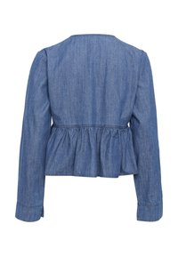 Jeansjacka med peplumslut, långa ärmar och rund halsringning. Texturerad blåtyg med sömmar och knappade manschetter.