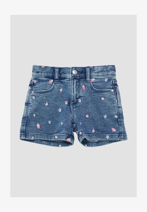 Vasikad denim lühikesed püksid pleekinud sinise värvusega, millel on roosade ja lillade tikitud maasikate ja lillede kujundus. Klassikaline viie tasku disain.