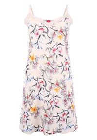 Light pink floral dress with spaghetti straps. Features a lace trim neckline, and a pattern of grey leaves and colorful flowers. Soft fabric.
