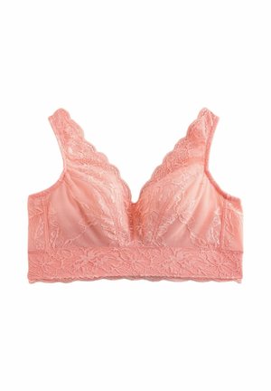 Bralette en dentelle rose avec motifs floraux, bords festonnés, larges bretelles et large bande sous la poitrine, présenté sur un fond blanc.