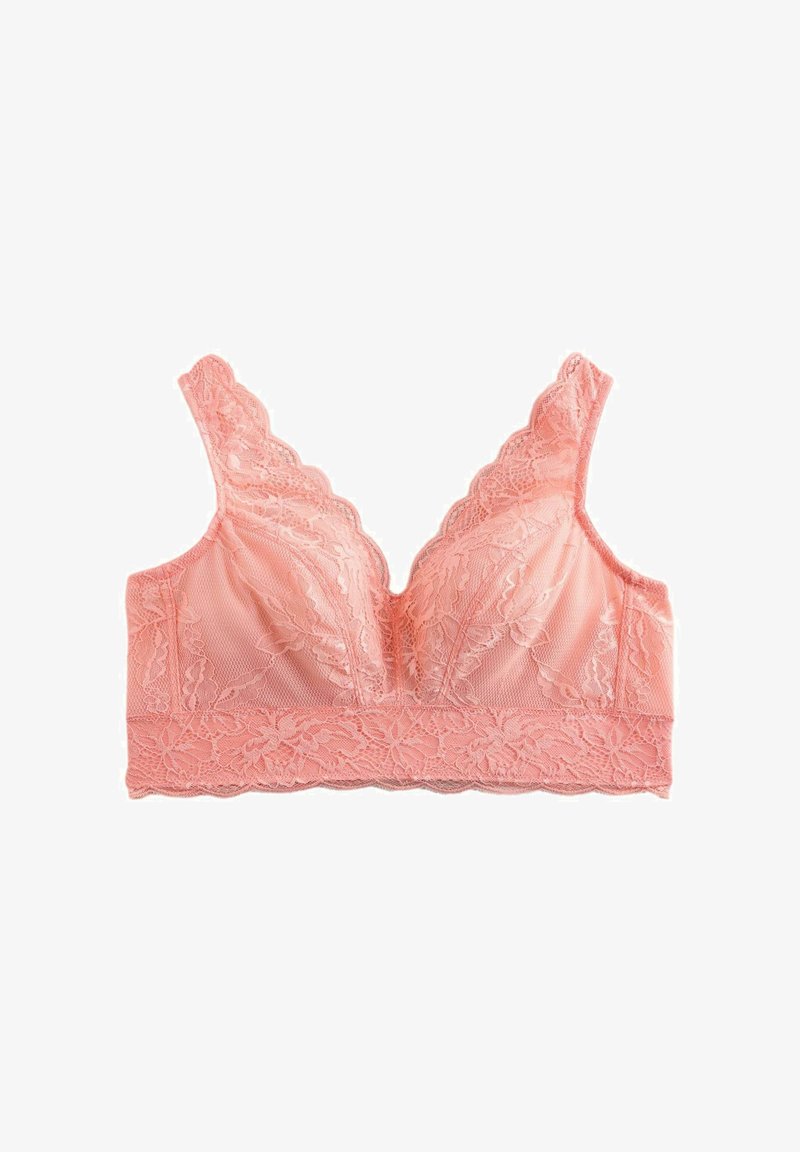 Bralette en dentelle rose avec motifs floraux, bords festonnés, larges bretelles et large bande sous la poitrine, présenté sur un fond blanc.