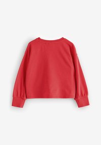 Punane lühikese ujumisega sweatshirt, millel on pikad, puhvused varrukad. Omab ümmargust kaelust ja soonikutega mansette. Pehme, sile tekstuur.