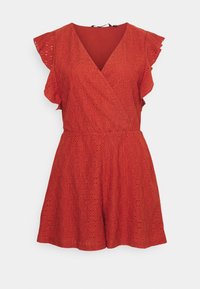 Robe portefeuille rouge en dentelle avec des manches courtes à volants, décolleté en V et taille ajustée. Tissu léger pour le confort.