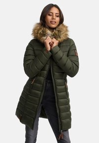 Padded green coat with a faux fur hood, long length, zippered pockets, and contrasting brown accents on sleeves and pockets.