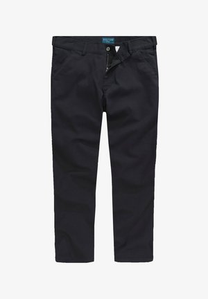 Černé bavlněné kalhoty se zipem, bočními kapsami a poutky na opasek. Hladká textura a přiléhavý střih s minimalistickým designem.