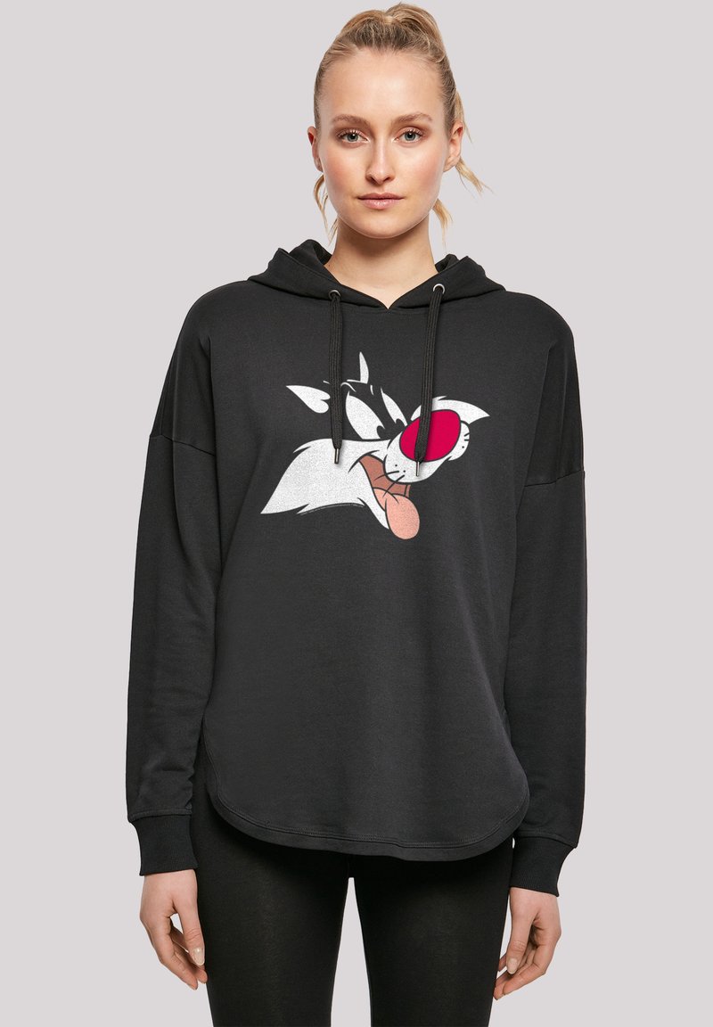 Black hoodie featuring a large graphic of a cartoon character's face with prominent red nose, white fur, and black accents. Soft fabric, relaxed fit.