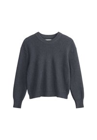 Grauer, gestrickter Pullover mit geripptem Muster, Rundhalsausschnitt und langen Ärmeln. Er hat eine lockere Passform und dezente Details an den Schultern.
