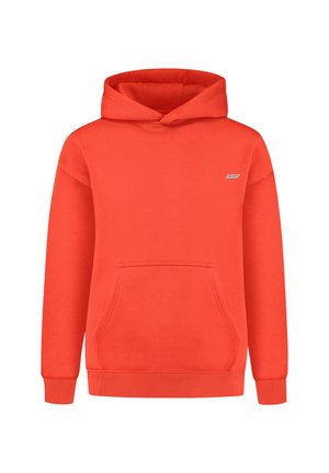 Oranssi huppari etutaskulla, ribbireunuksilla ja kengurupussilla. Rinnassa pieni logo. Valmistettu pehmeästä kankaasta.