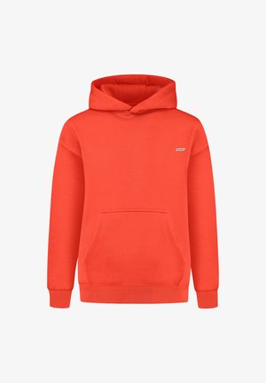 Oranssi huppari etutaskulla, ribbireunuksilla ja kengurupussilla. Rinnassa pieni logo. Valmistettu pehmeästä kankaasta.