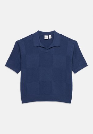 Marineblå strikket poloshirt med korte ermer, teksturert rutemønster og ribbestrikket krage og kant.