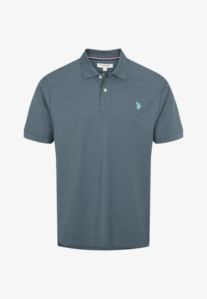 Temno siva polo majica iz teksturiranega materiala, z zgornjim delom na tri gumbi, kratkimi rokavi in majhnim vezenim logotipom na levem prsnem delu.