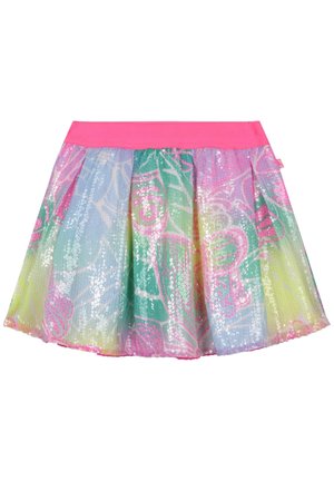 Tüllrock mit einem rosa Bund, der mit mehrfarbigen Pailletten, floralen Mustern und einem fließenden, geschichteten Design versehen ist.