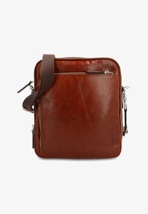 Braune Leder-Umhängetasche mit Reißverschlusstasche vorne, verstellbarem dunkelbraunem Stoffriemen und Metall-Reißverschlussdetails.