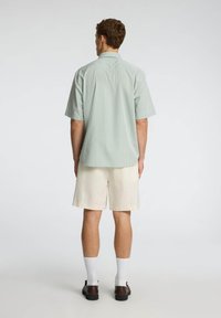 Kortærmet, mintgrøn stribet skjorte med lige kant, parret med cremefarvede shorts. Modellen står med ryggen til, iført mørke sko.