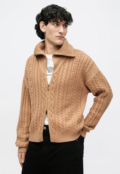 Brūns adīts džemperis ar rāvējslēdzēju, ar ribotas apkakles un teksturētiem pinuma rakstiem. Pieguļoši aproču un apakšmalas gali. Kombinēts ar baltu T-kreklu zem tā.