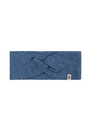 Blue knitted headband featuring a twisted design at the front, with a small logo tag on one side for branding.