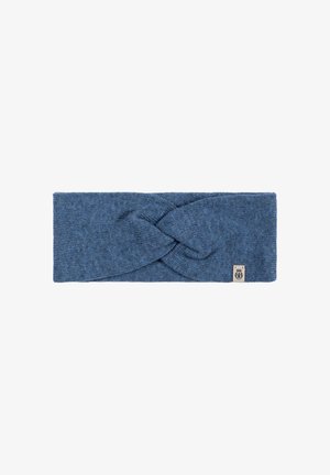 Blue knitted headband featuring a twisted design at the front, with a small logo tag on one side for branding.
