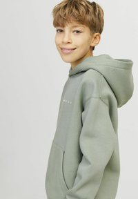Sudadera con capucha de color verde claro, hecha de tejido suave, con un corte relajado, bolsillo tipo canguro y detalle del logo en el frente.