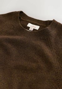 Brauner Strickpullover mit Rundhalsausschnitt, aus weichem Material gefertigt. Mit gerippten Bündchen und einem Etikett mit der Aufschrift "Next Signature".