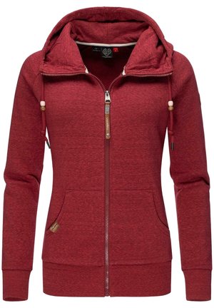 Roter Kapuzenpullover mit durchgehendem Reißverschluss, Fronttaschen, Kordelzugkapuze mit Perlen und gerippten Bündchen und Saum.