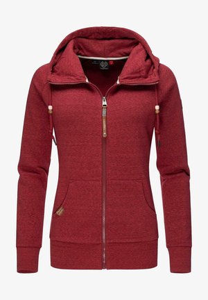 Sudadera con capucha roja con cremallera, bolsillos delanteros, capucha con cordón con cuentas y puños y dobladillo acanalados.