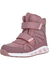 Roze hoge sneakers van mesh en synthetisch materiaal, met klittenbandsluitingen, reflecterende accenten en een gevoerde zoolontwerp.