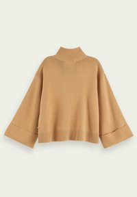 Pull en maille marron chameau avec manches longues larges et col et ourlet côtelés, posé à plat sur un fond clair.
