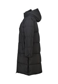 Black padded long coat with a hood, featuring a zip closure and side pockets. Smooth texture with horizontal stitching panels.