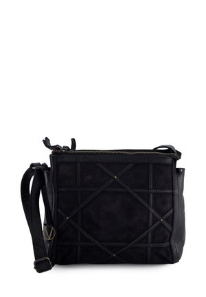 Schwarze Leder- und Wildleder-Crossbody-Tasche mit geometrischer Stitching, goldfarbigem Reißverschluss und verstellbarem Gurt. Merkmale ein minimalistisches Design.