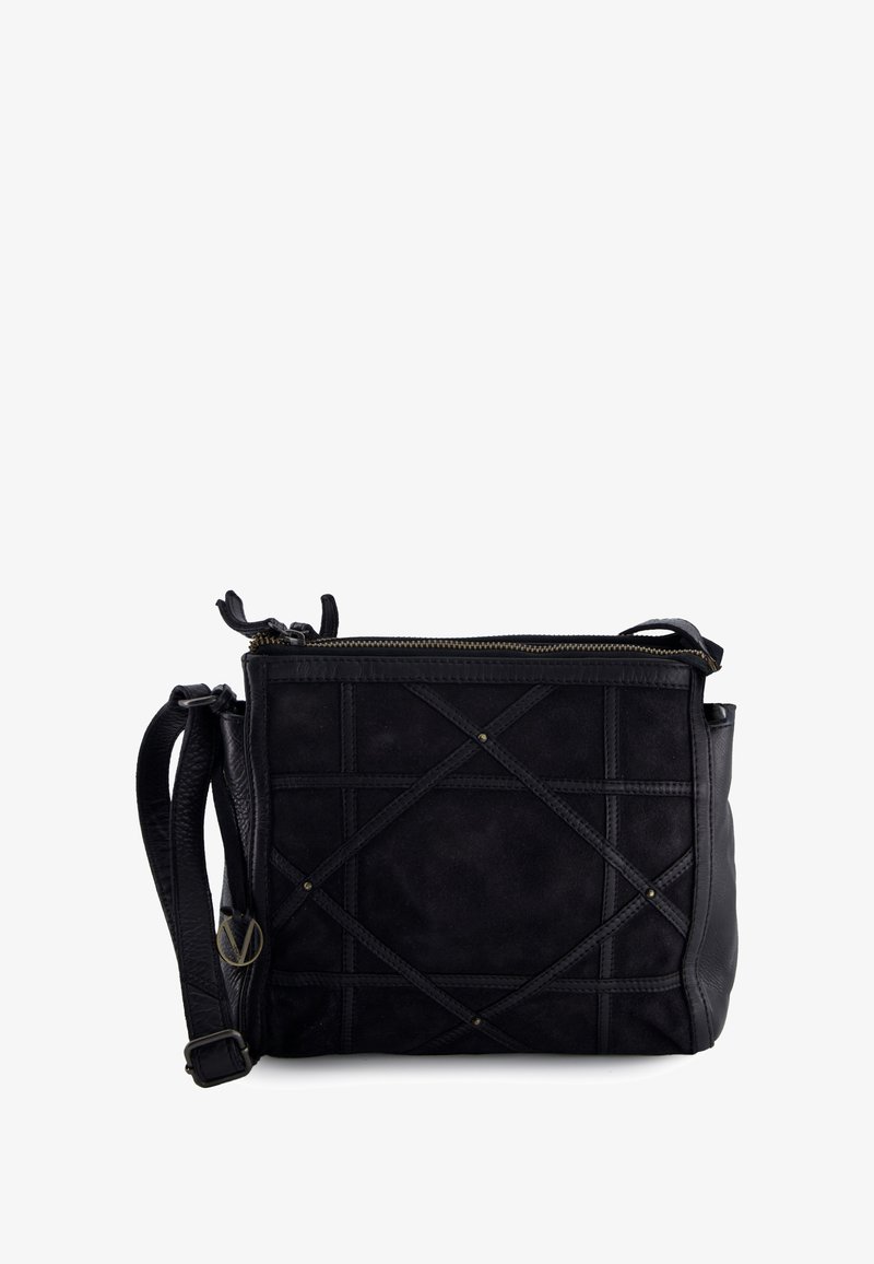Black leather and suede crossbody bag with geometric stitching, gold-tone zipper, and adjustable strap. Features minimalist design.