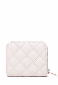 Portafoglio bianco trapuntato con chiusura con zip, caratterizzato da motivi a diamante e accessori in tono oro. Realizzato in materiale liscio e testurizzato.