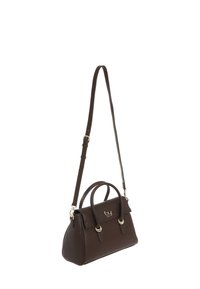 Borsa a mano in pelle marrone con texture, dalla forma strutturata, dotata di due manici e di una tracolla removibile. Presenta dettagli in hardware dorato e il logo.