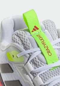 Buty sportowe z białą siateczkową cholewką, odblaskowymi akcentami, jaskrawozielonym uchwytem oraz czerwonym napisem "CRAZYFLIGHT" na języku.