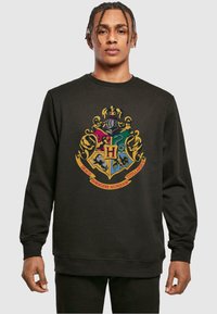 Fekete pulóver, amely színes Hogwarts címer dizájnnal rendelkezik, bonyolult részletezéssel. Pamut anyag, kereknyakú, bordás mandzsettákkal és szegéllyel.