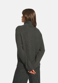 Ciemnoszary, dzianinowy sweter z golfem i długimi rękawami, z prążkowanymi mankietami i dolnym wykończeniem. Miękka tekstura; luźny krój. Tylny widok ukazuje szwy ramion.