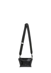 Schwarze synthetische Lederhandtasche mit strukturierter Form, einem Reißverschluss oben und einem verstellbaren Riemen mit eingeprägtem Branding.