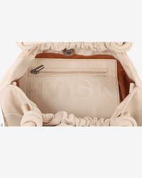 Cream-colored fabric handbag with gathered top, featuring a zipper pocket inside and embossed "HVISK" logo on the lining.