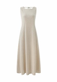 Beiges ärmelloses Kleid mit rundem Ausschnitt, Bindeband auf dem Rücken und fließender A-Linie. Textil mit subtilen Schimmern im gesamten Stoff.