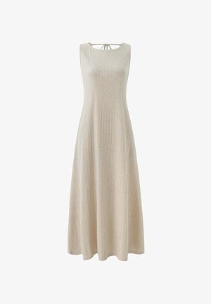 Beiges ärmelloses Kleid mit rundem Ausschnitt, Bindeband auf dem Rücken und fließender A-Linie. Textil mit subtilen Schimmern im gesamten Stoff.