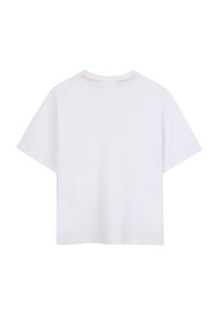 Camiseta de algodón blanca con un corte relajado, mangas cortas y un escote redondo. Presenta un sutil detalle de costura rosa en la parte de atrás.