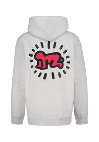 Grey hoodie featuring a large red and black graphic design on the back, depicting a crouched figure with radiating lines around it.