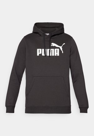 Sort hættet sweatshirt med en frontkangaroo-lomme, der har et fremtrædende hvidt "PUMA" logo og en hvid puma-silhuet. Blød stoftekstur.