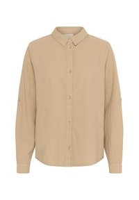 Beige langlopende blouse met een klassieke kraag, knoopsluiting en opgerolde mouwen. Gemaakt van zachte stof met een gladde textuur.