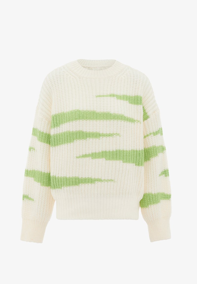 Kremna pletena jopica s sproščenim krojem, z zelenimi abstraktnimi črtami po telesu in rokavih. Rebrast izrez in manšete.