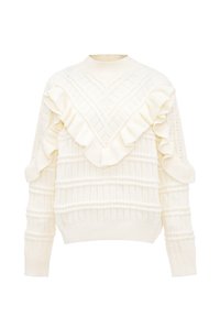 Pulover crema cu un guler înalt, prezentând accente volănașe și modele texturate. Material tricotat cu designuri cu dungi și cablu.